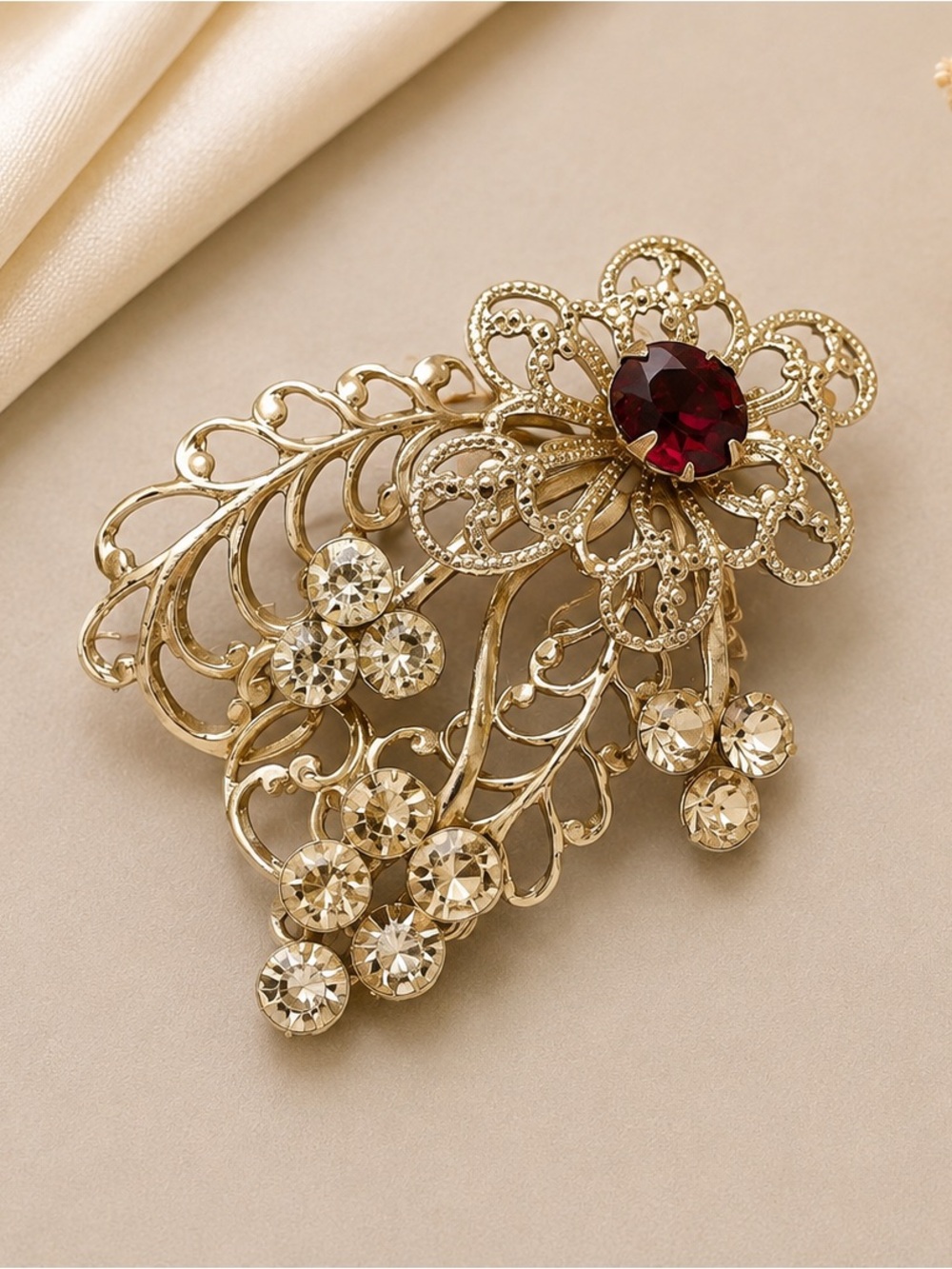 Vintage Elegant Silver and Red Floral Brooch